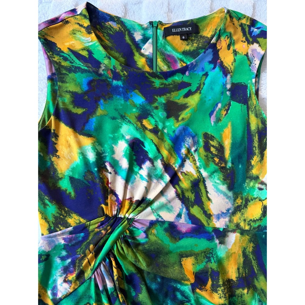 Ellen Tracy Women Green Abstract Print Twist Waist Sleeveless Sheath Dress 6 EUC